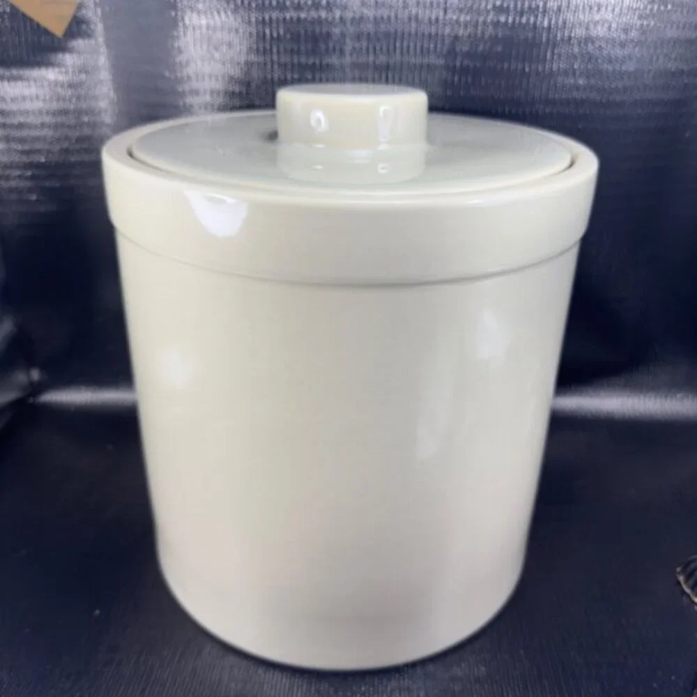 West Elm Tan Stoneware Pottery Heavy Large Canister Container Crock With Lid VTG